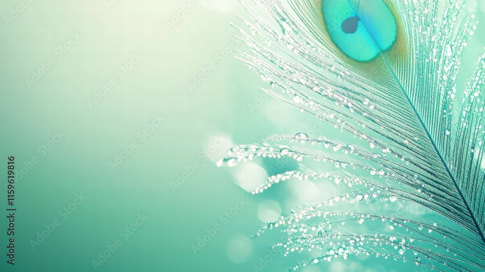 Poster close up view of a peacock feather adorned with dew drops showcasing vibrant colors and delicate bea