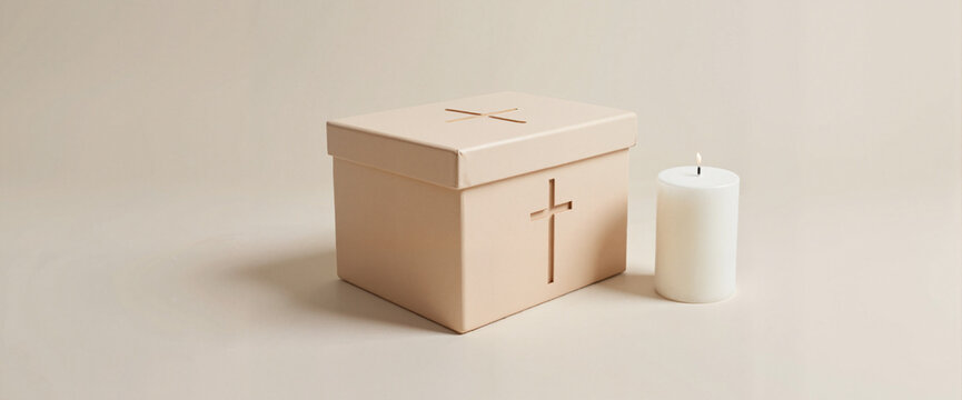 Minimalist cremation box with candle, symbolizing remembrance
