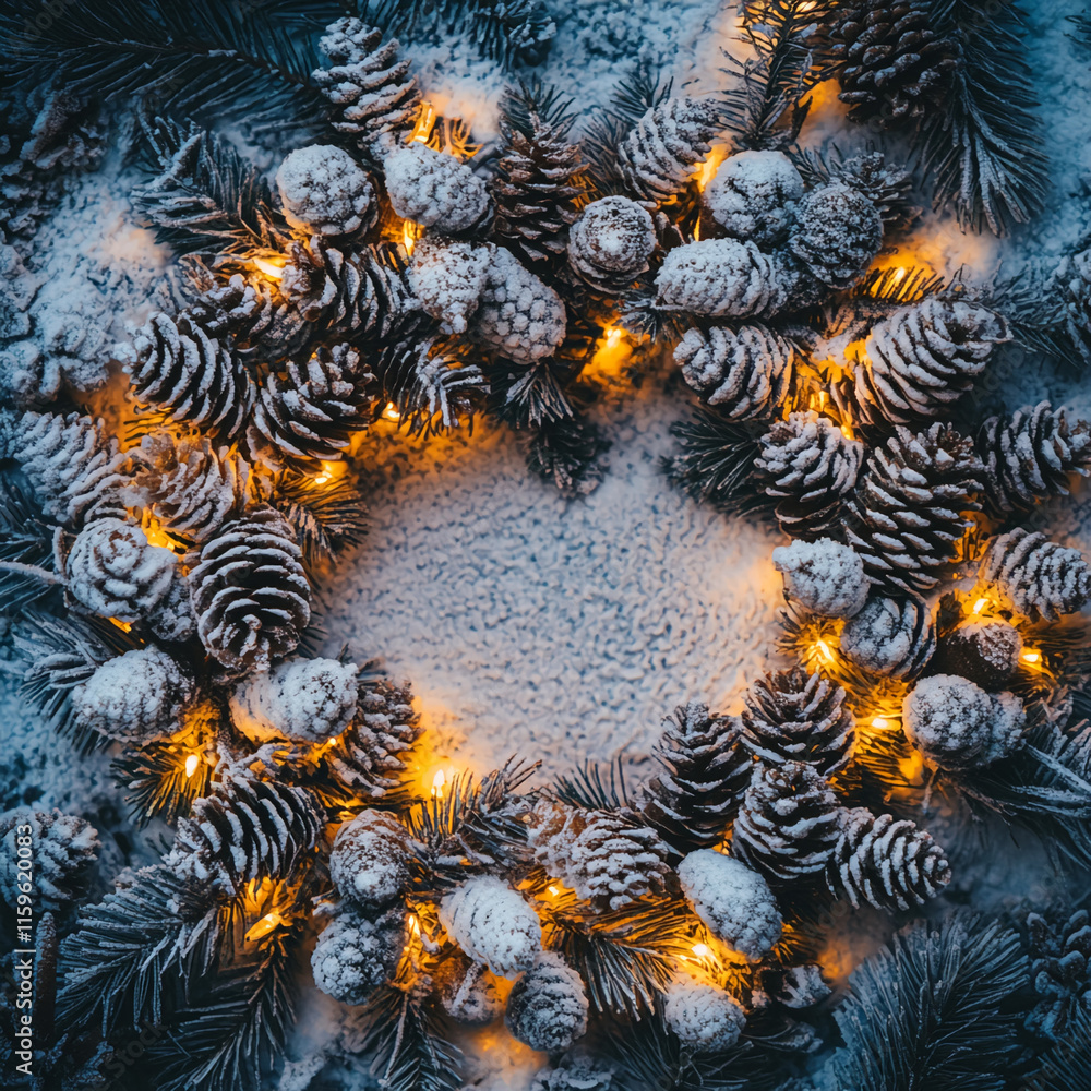 Aufkleber frosty pinecone wreath with glowing warm lights on a snowy background. winter background