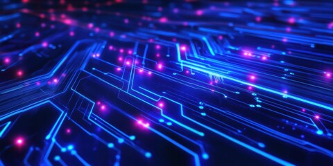 Neon illuminated abstract circuit pathways, digital space with glowing light trails, futuristic virtual reality"