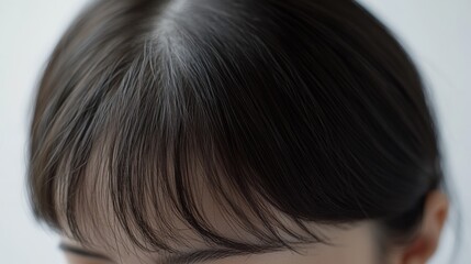Closeup view of womans dark brown hair, showing texture, strands, and subtle graying
