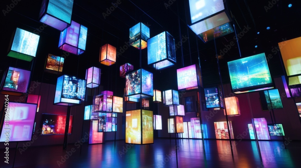 Aufkleber Floating cubes display vibrant abstract text and visuals in a modern art space at night. Generative AI