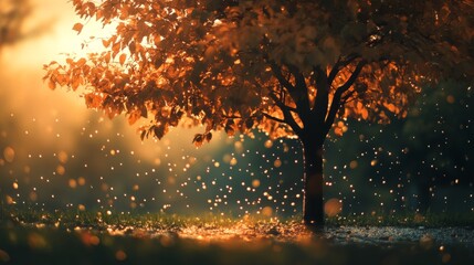 Fototapeta premium trees water drops falling from it, warm colors, beautiful generative ai