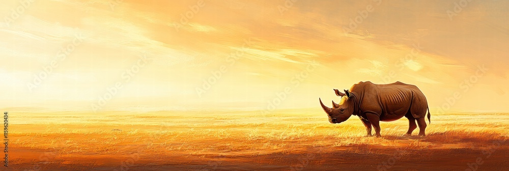 Aufkleber rhino standing alone in a barren savanna during sunset with empty space for text. generative ai