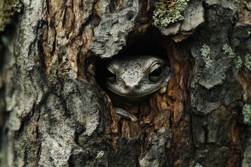 Obraz premium Closeup image of camouflaged grey tree frog on bark with natural lighting and textured details realistic colors and depth highlighting secretive nature