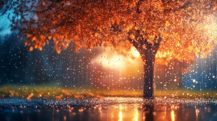 Fototapeta premium trees water drops falling from it, warm colors, beautiful generative ai