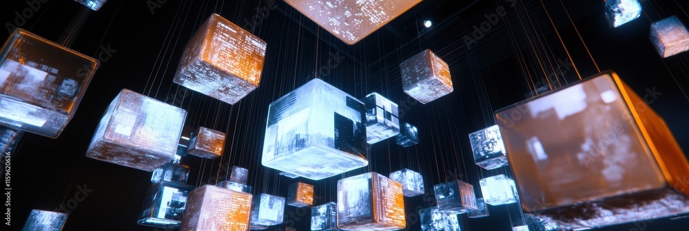 Poster Floating cubes featuring abstract text and symbols create a captivating display of digital art in a darkened space. Generative AI