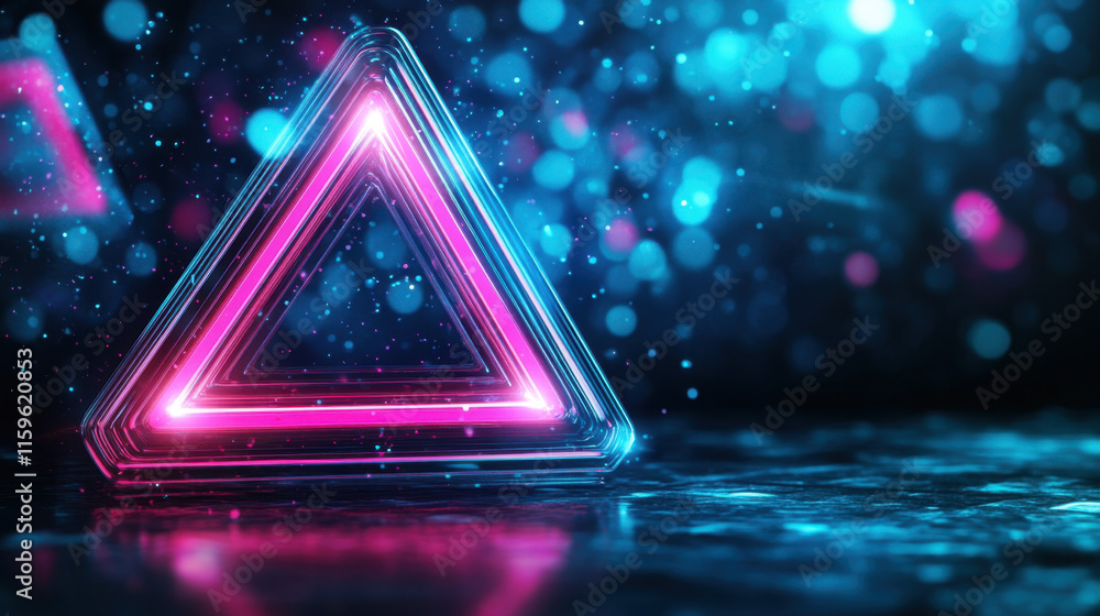 Poster glowing up, abstract glowing geometric shapes in a digital space, creating a visually striking and m