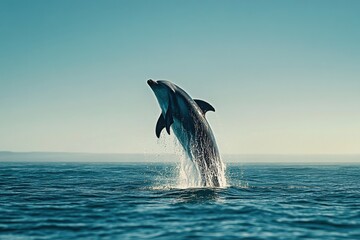 Fototapeta premium Dynamic dolphin leaping in vivid ocean scenery with sunlight