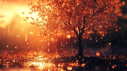 Fototapeta premium trees water drops falling from it, warm colors, beautiful generative ai
