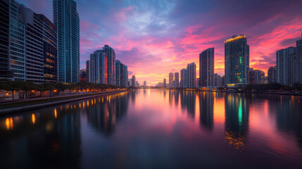 Naklejka premium Glowing up, A vibrant city skyline at dusk featuring glowing skyscrapers, perfect for urban-themed projects or promotional materials.