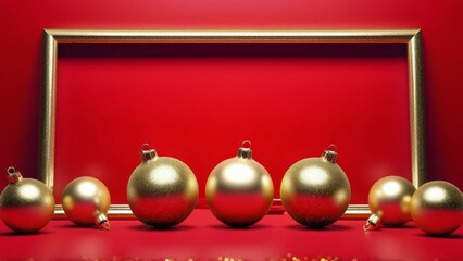 golden christmas tree decorations on red background