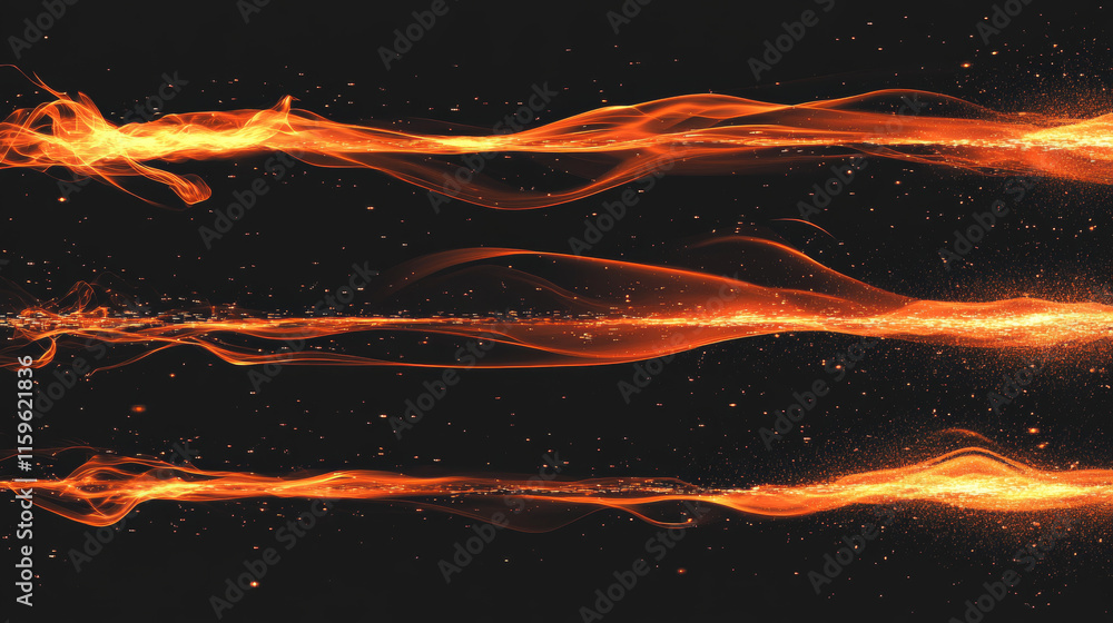 Poster fire trails with sparks, abstract bright glow lines. vector realistic set of flame streaks, horizont