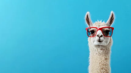 Fototapeten llama wearing stylish red glasses against a bright blue background. The composition is quirky, fun, and playful, making it an engaging and humorous visual for various creative uses © tl6781