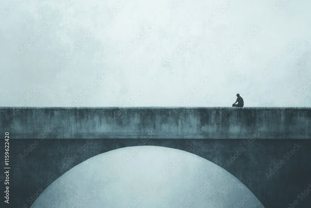Poster lonely figure contemplates life while sitting on the edge of a fog shrouded bridge at dawn. generati