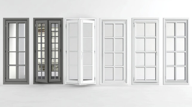 Real modern windows set isolated on white background, various office frontstore frames collection for design, exterior building aluminium facade element 