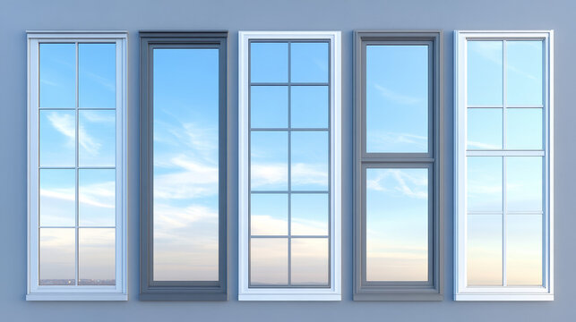 Real modern windows set isolated on white background, various office frontstore frames collection for design, exterior building aluminium facade element 