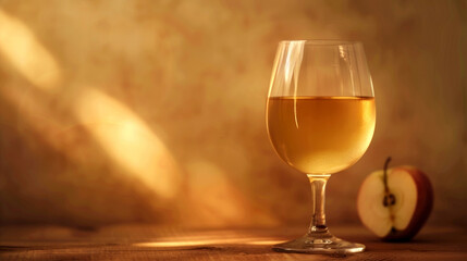 Warm toned image featuring glass of apple cider on rustic wooden table with sliced apple. sunlight beautifully illuminates scene, creating cozy atmosphere.