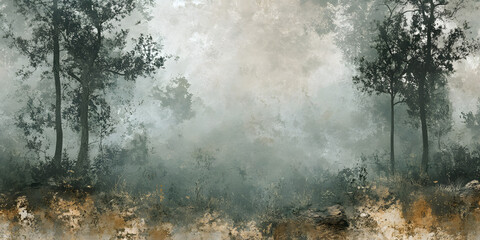 Misty forest landscape with tall trees and soft light.
