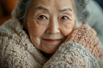Close-up portrait of a smiling elderly Asian woman wrapped in a warm knit sweater.