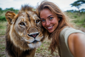 selfie a European girl with a lion