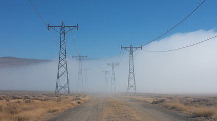 High voltage electric transmission tower with glowing current line, electrical power transmit through wire to city and house at night, Renewable green energy grid infrastructure concept 3d rendering