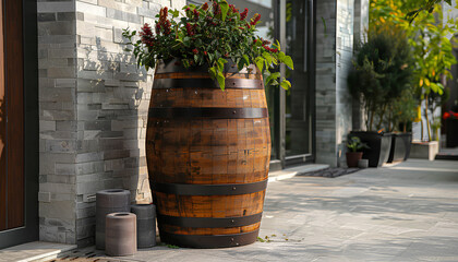 Fototapeta premium Traditional wooden barrel on street outdoors. Wine making