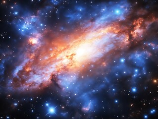 A vibrant nebula displays swirling cosmic dust and stars