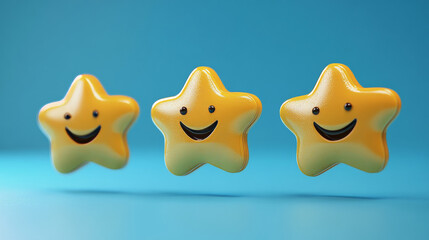 3d render customer feedback stars in speech bubbles. Rate, client review, comment or feedback growing evaluation level in message balloons, isolated vector Illustration in cartoon plastic style