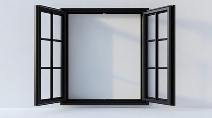 Modern black metal window isolated on white background, empty glass interior office frame for architectural element design