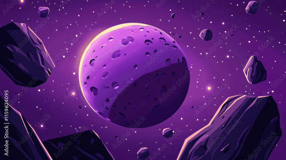 Poster purple planet turnaround animation, violet globe with rocky surface rotation sprite sheet, sequence 
