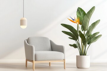 Timeless floral decor featuring bird of paradise plant beside elegant armchair in modern living room