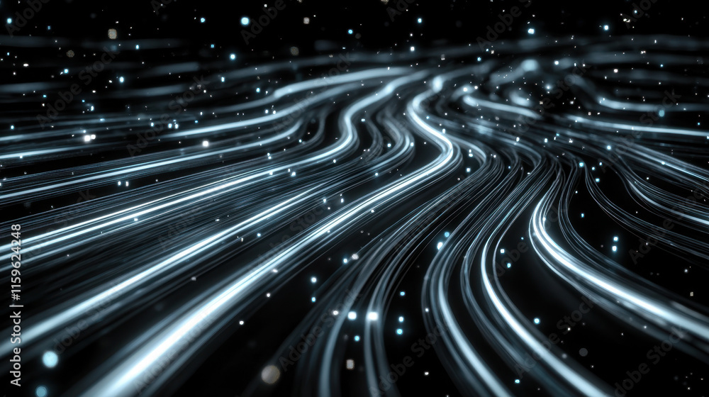 Poster glowing up, glowing fiber optic strands swirl in an abstract design, creating a vibrant and dynamic 