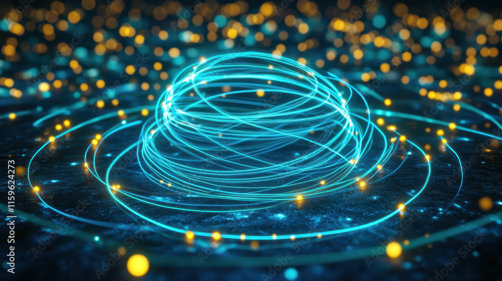 Poster glowing up, glowing fiber optic strands swirl in an abstract design, creating a vibrant and dynamic 