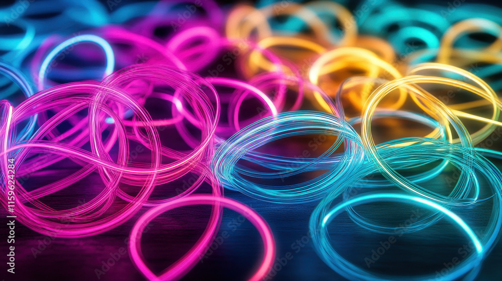Poster glowing up, glowing fiber optic strands create an abstract swirling effect, showcasing vibrant color
