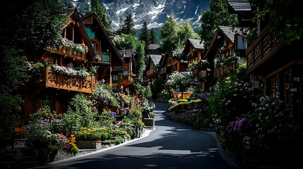 Obraz premium Scenic mountain village road with charming wooden houses and lush flowers.