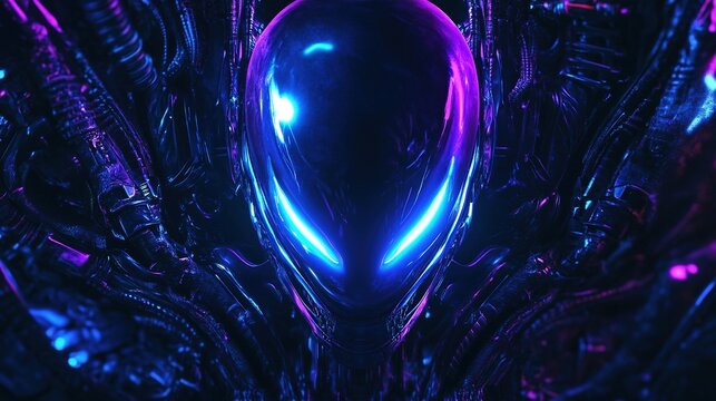 Alien head with glowing blue eyes, dark background.