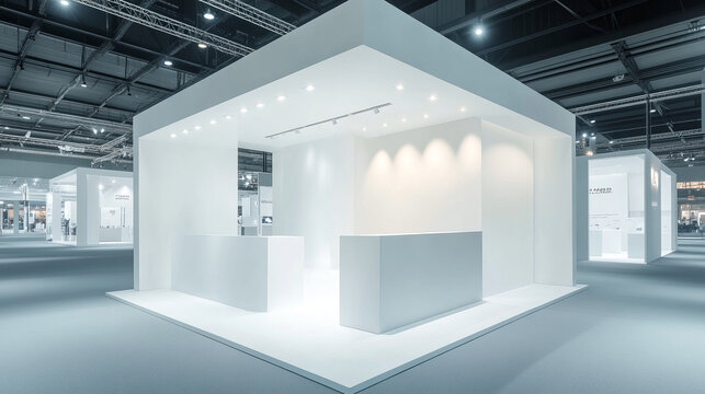3d white booth stand room with wall for trade event mockup. Empty display corner with podium on floor mock up template. Blank presentation showroom interior set. Isolated exhibit advertising cube area
