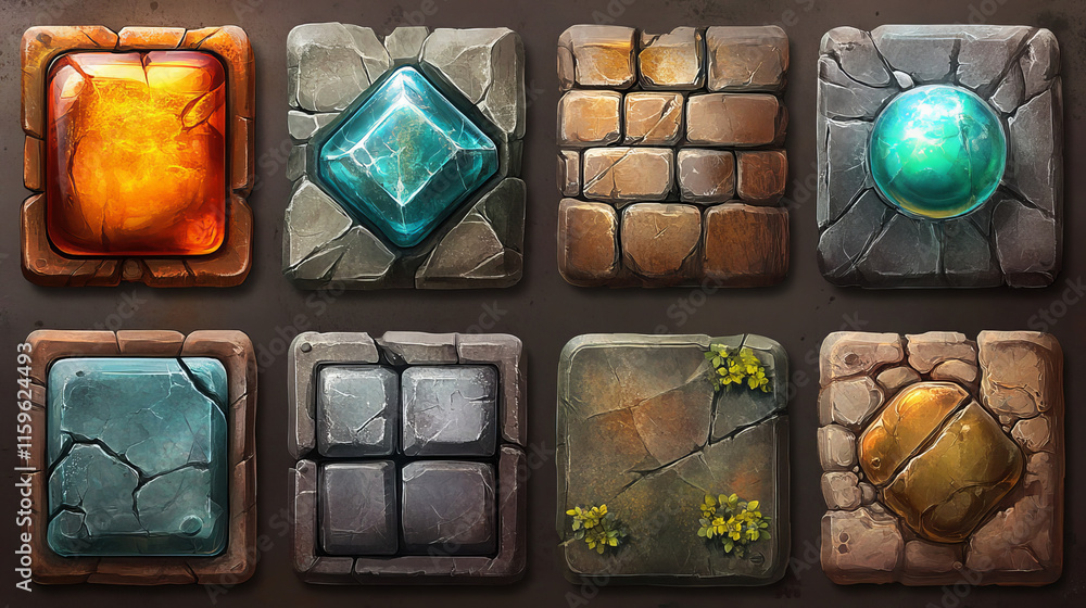 Poster play buttons for game menu interface. vector cartoon set of active, hover and normal glossy buttons 