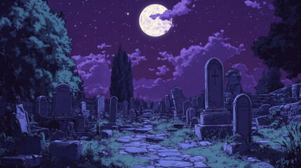 Naklejka premium Old cemetery with ghosts, memorial tombstones, graves and crypts. Vector parallax background for 2d animation with cartoon night landscape with graveyard, moon in sky and spirits of dead people