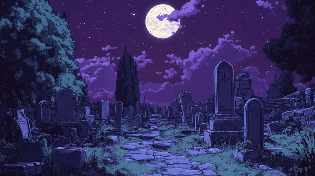 Old cemetery with ghosts, memorial tombstones, graves and crypts. Vector parallax background for 2d animation with cartoon night landscape with graveyard, moon in sky and spirits of dead people