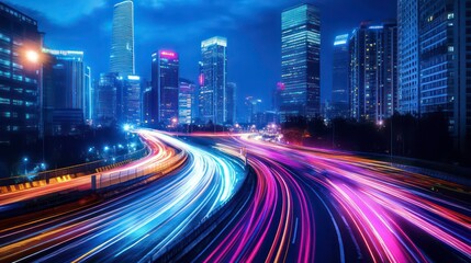 Fototapeta premium Night cityscape with vibrant light trails of traffic on highway.