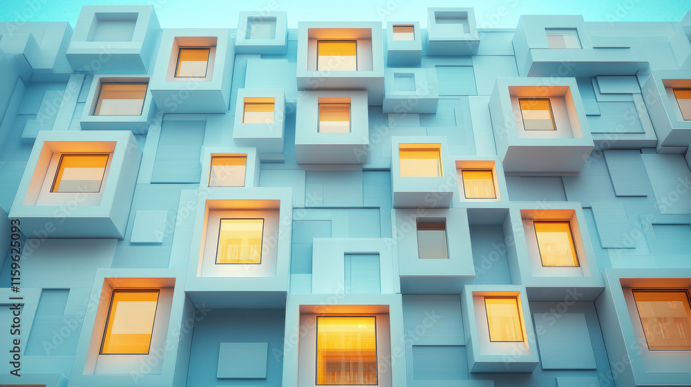 Poster glowing up, glowing geometric patterns adorn a futuristic building, showcasing modern architecture a