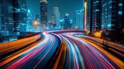 Obraz premium Night cityscape with vibrant light trails of speeding vehicles on a highway.