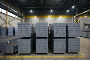 Packages of construction formwork. Construction materials stacked in factory warehouse