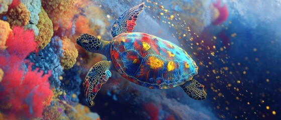 Vibrant sea turtle swimming amidst colorful coral reef.