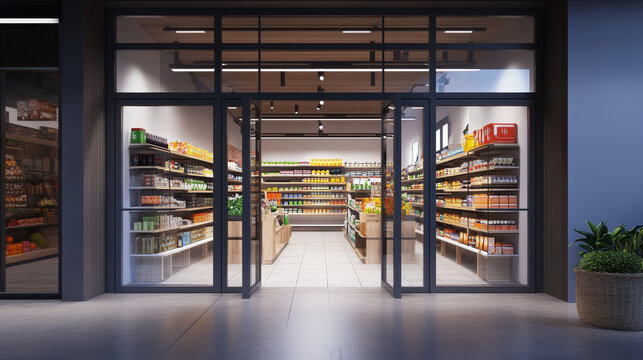 Glass door entrance to store or office mockup. 3d realistic front mall double gate facade with boutique showcase interior of shelves and rack. Closed modern company retail market inside view.