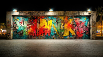 Glowing up, A vibrant digital artwork depicting glowing graffiti on a dark urban wall, ideal for creative projects and urban-themed designs.