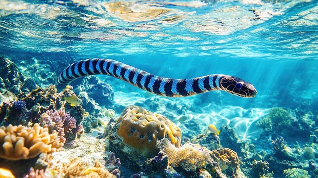 Banded sea krait swimming over a coral reef.