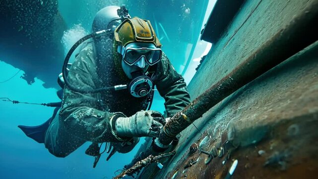 Professional underwater worker inspecting and performing maintenance work on submerged ship hull, ensuring structural integrity and safety at sea
